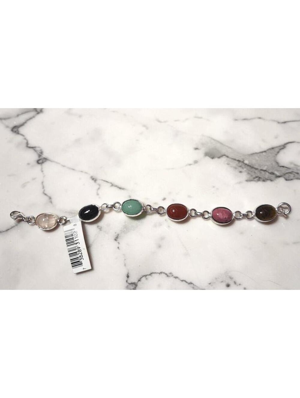 925 Sterling Silver Scarab‑Style Multicolor Gemstone Bracelet 17.99g Stamped